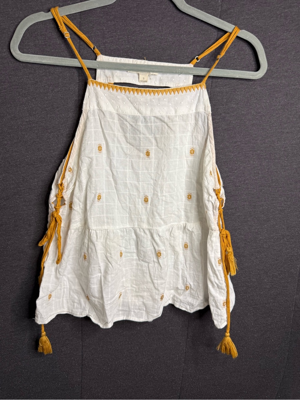 Lovestitch White Boho Embroidered Halter Tank Top with Gold Tassels Small